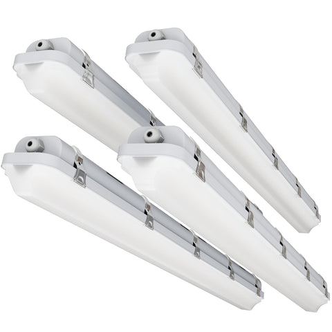SLAclite 4ft LED vapor-tight light, front view, bright garage illumination.