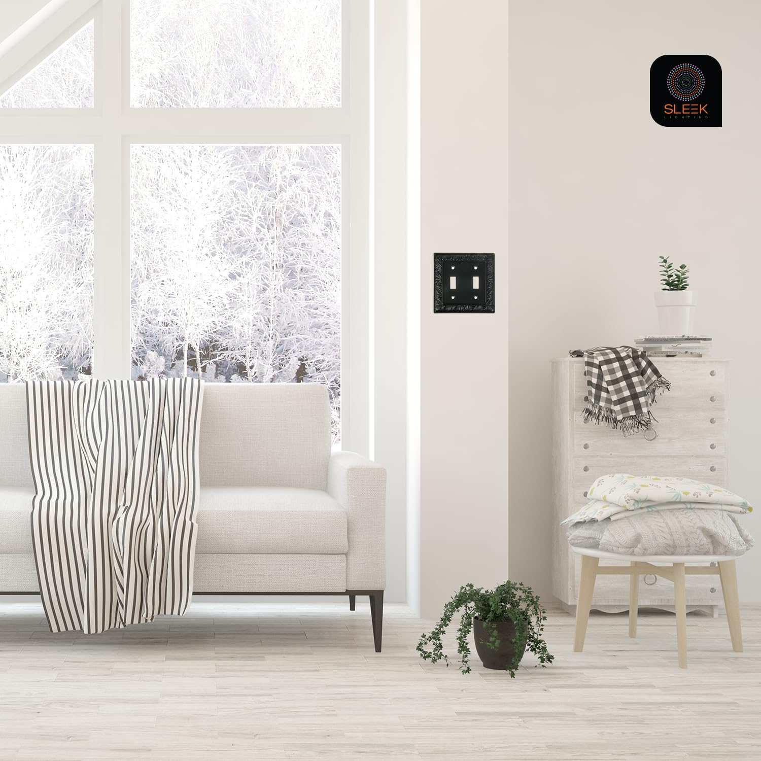 SLEEKLIGHTING beveled-edge wall plate in living room; adds sophistication to décor.