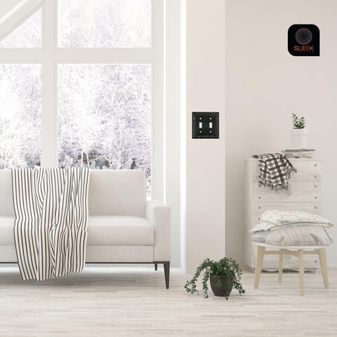 SLEEKLIGHTING beveled-edge wall plate in living room; adds sophistication to décor.