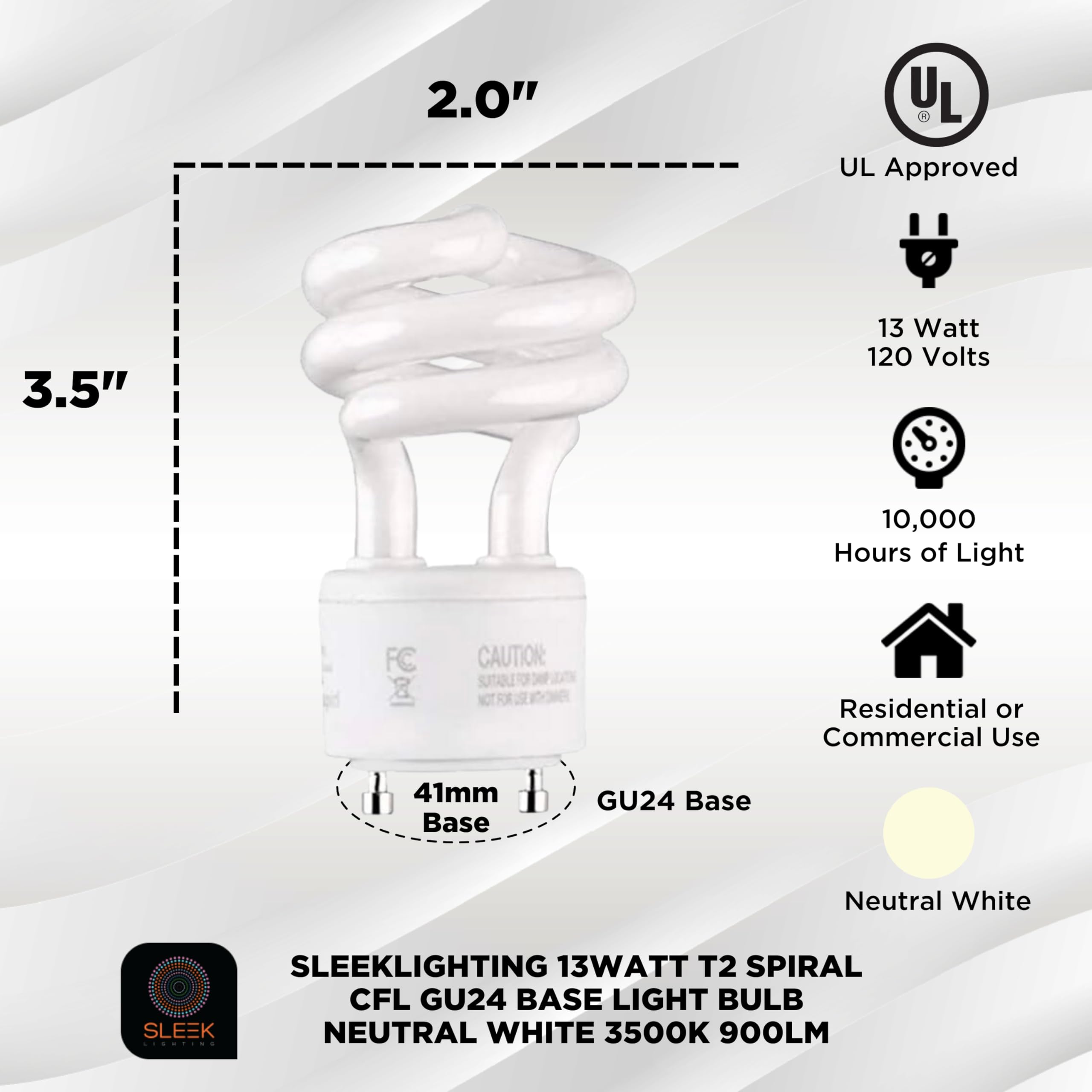 SLEEKLIGHTING 13W GU24 close-up of UL-listed label emphasizing safe residential lighting.