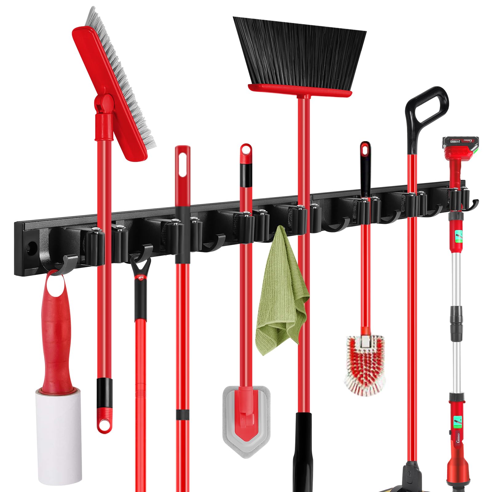 SLIIMU movable 30inch broom and mop holder track shows adjustable spacing for clean storage.