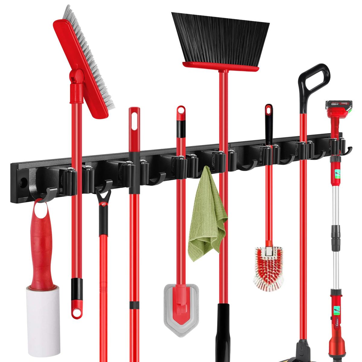 SLIIMU movable 30inch broom and mop holder track shows adjustable spacing for clean storage.