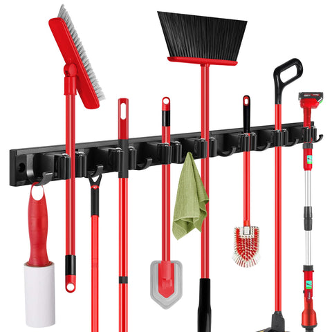 SLIIMU movable 30inch broom and mop holder track shows adjustable spacing for clean storage.