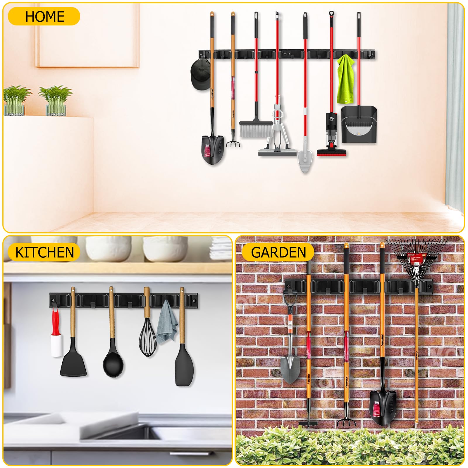SLIIMU broom and mop storage keeps tools ready for quick cleaning.