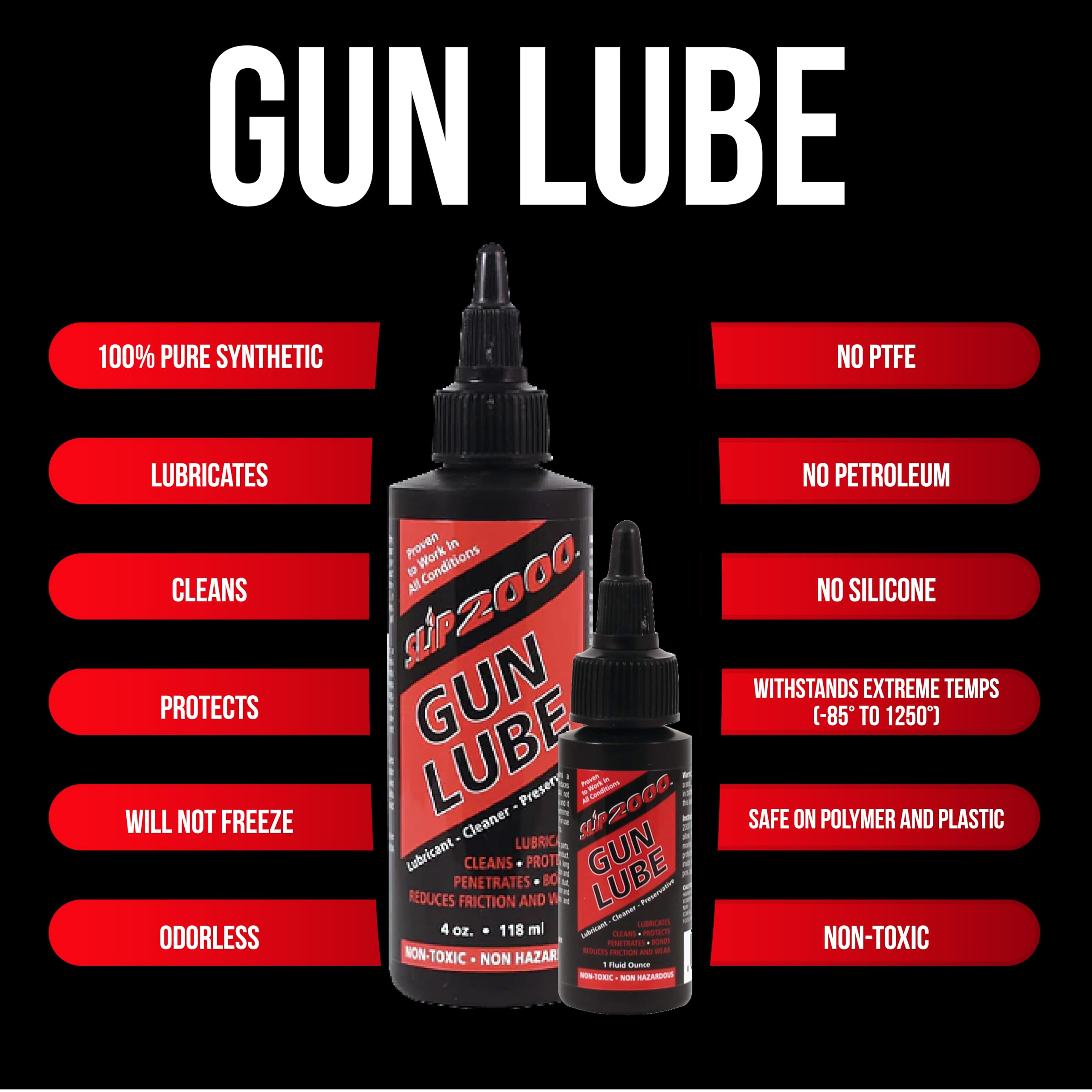Slip 2000 Gun Lube 4oz bottle shown for extended lubrication between cleanings.