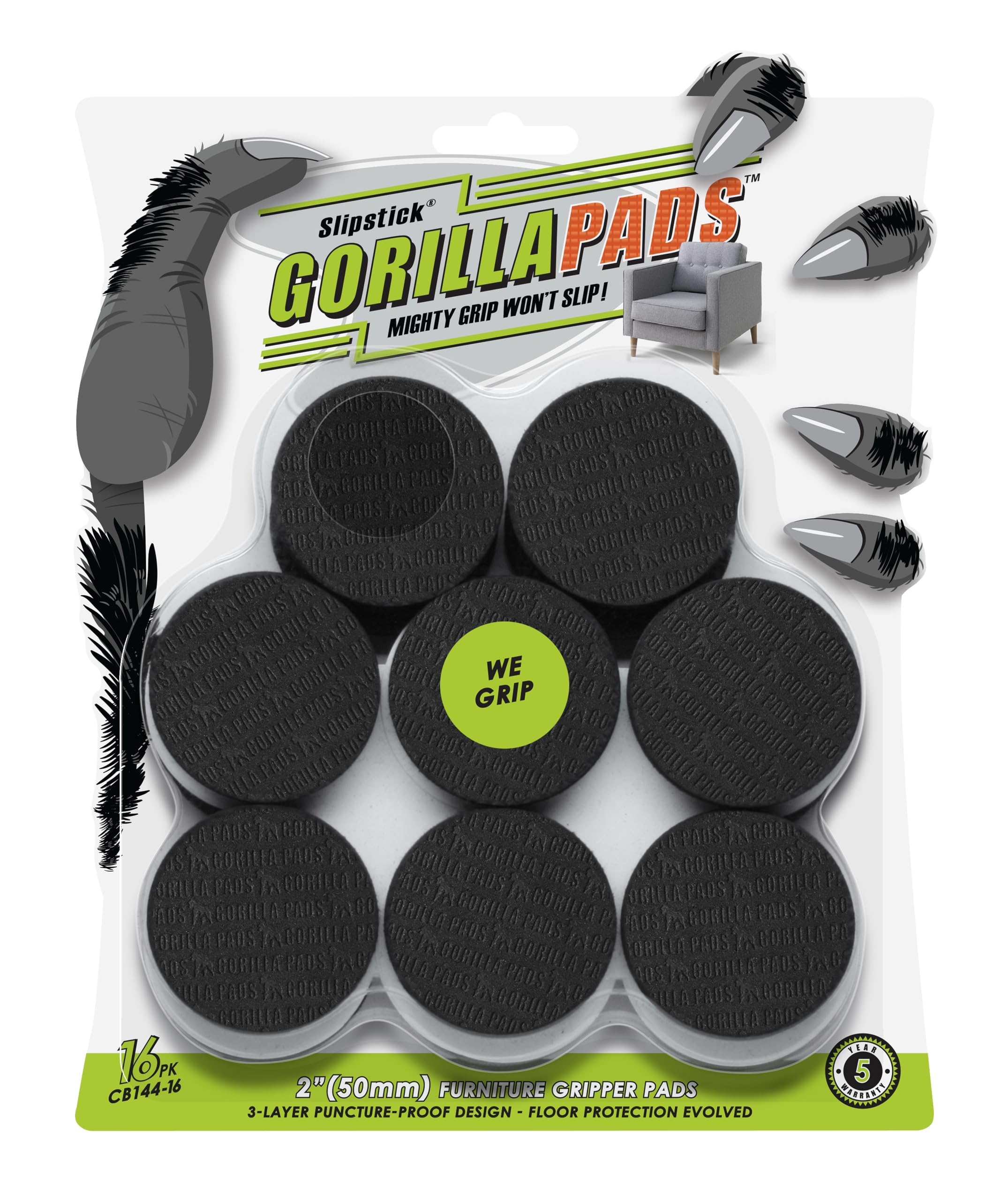 Slipstick GorillaPads 2-inch round pad delivering a strong grip on hardwood floors.