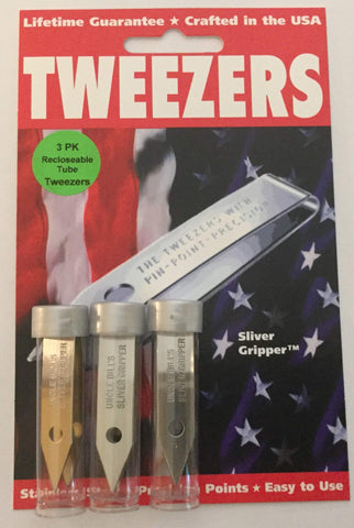Sliver Gripper 3-pack tweezers in a recloseable tube for portable precision work.
