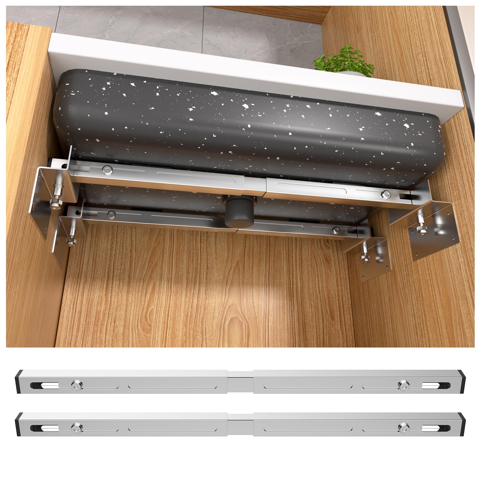 Slixune undermount brackets in stainless steel provide durable, load-bearing support.