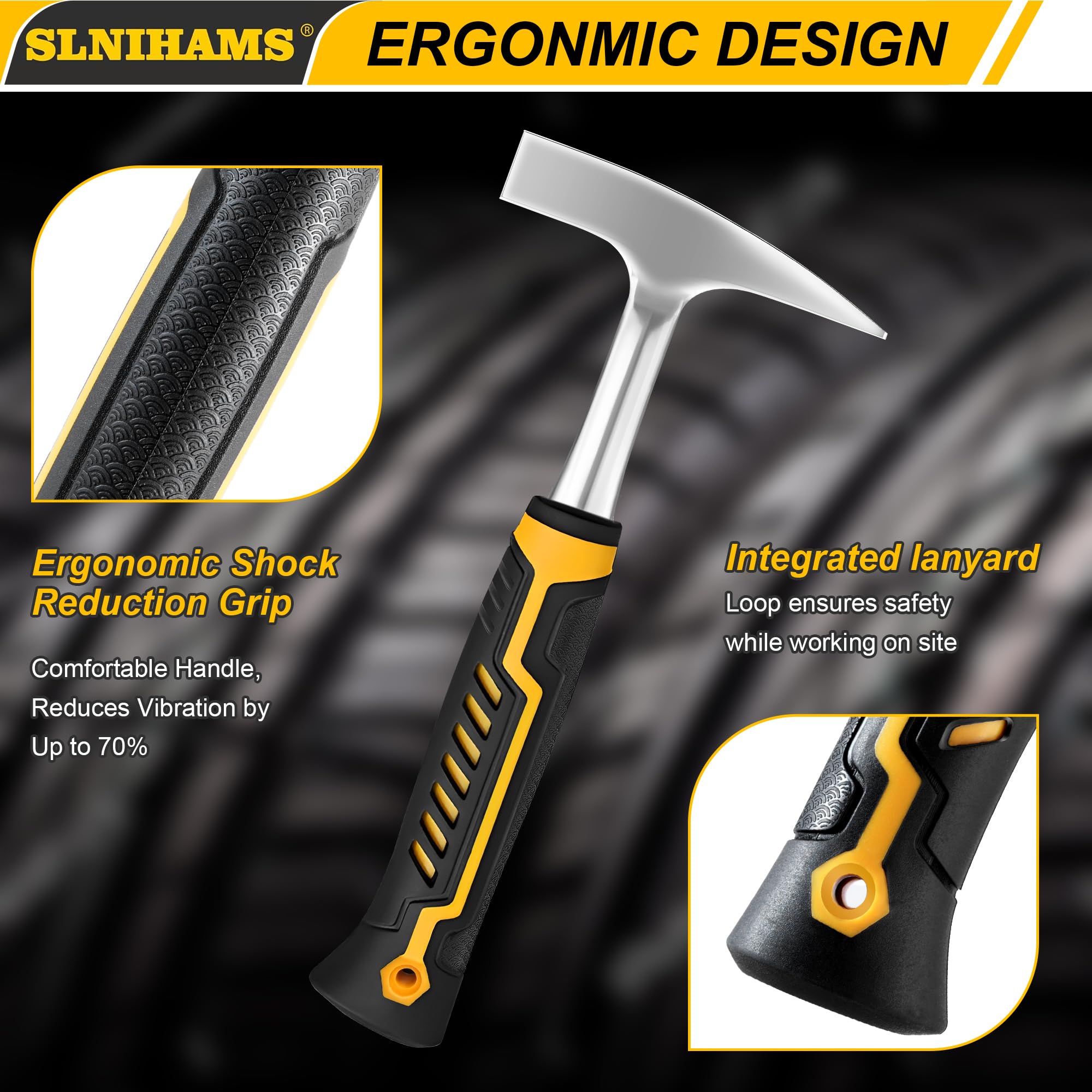 SLNIHAMS Tinner's Hammer shock reduction grip dampens vibration for comfortable extended use.