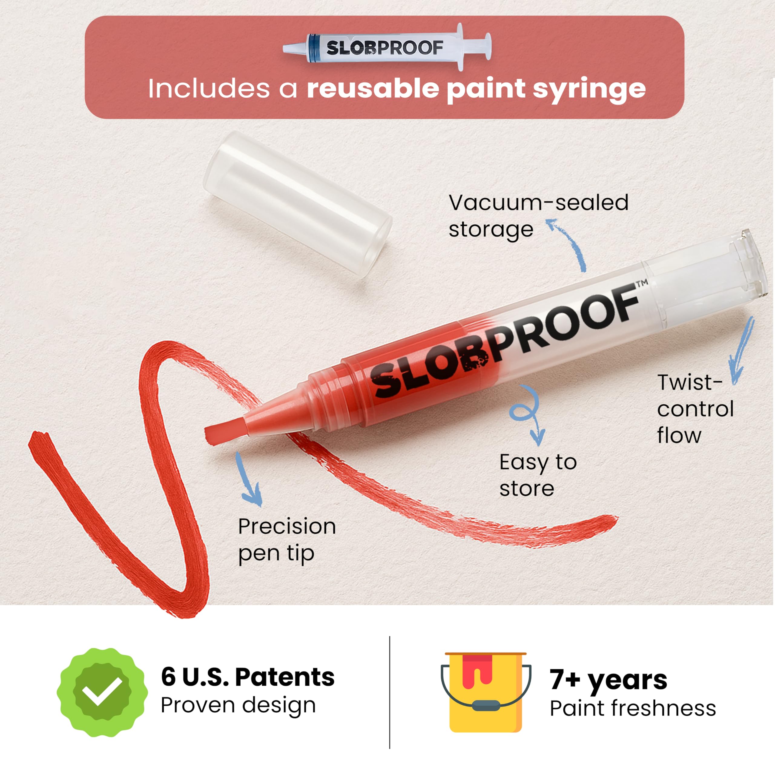 Slobproof refillable paint syringe supports long-term reuse