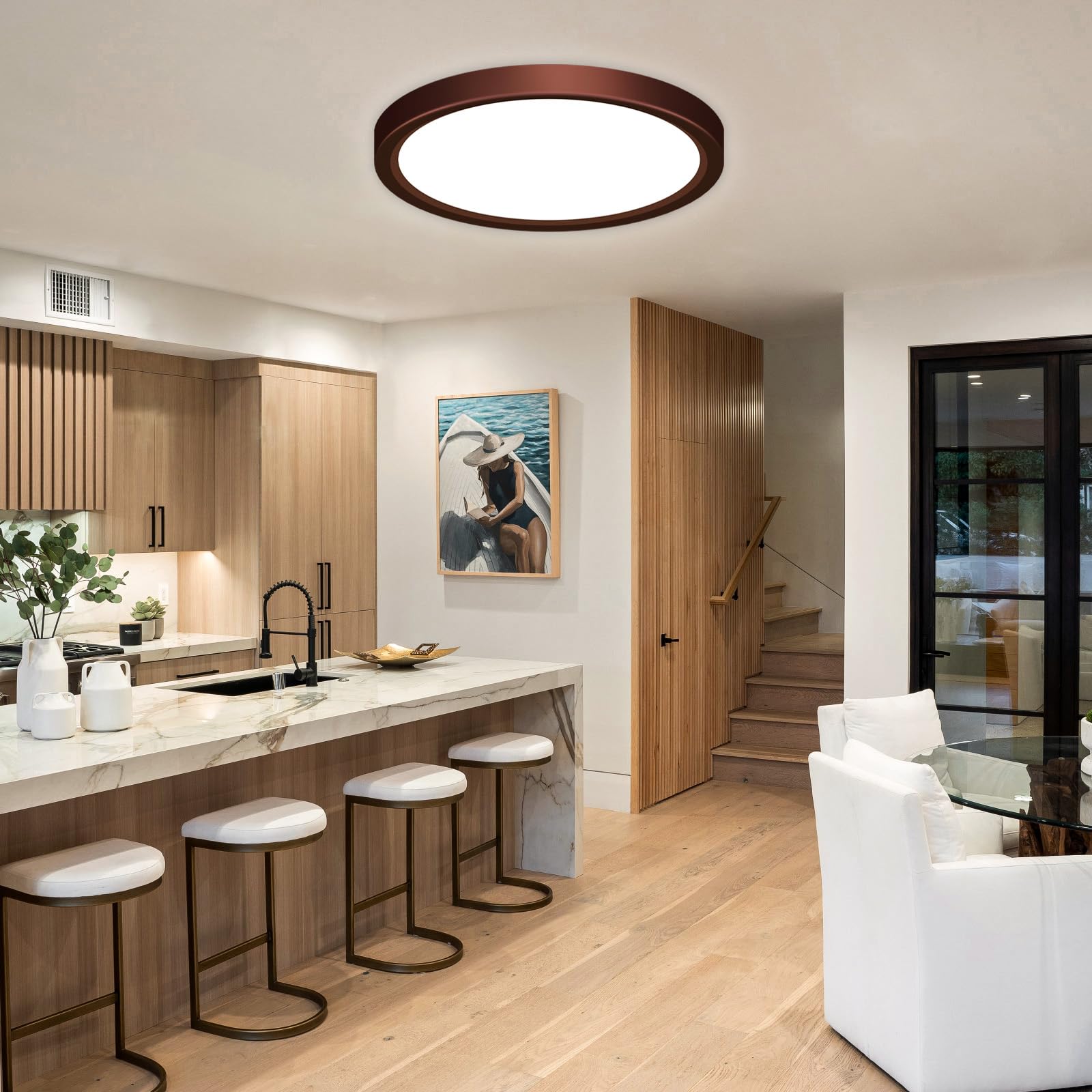 Slochi oil-bronze finish flush mount light adds warm decor and premium style.