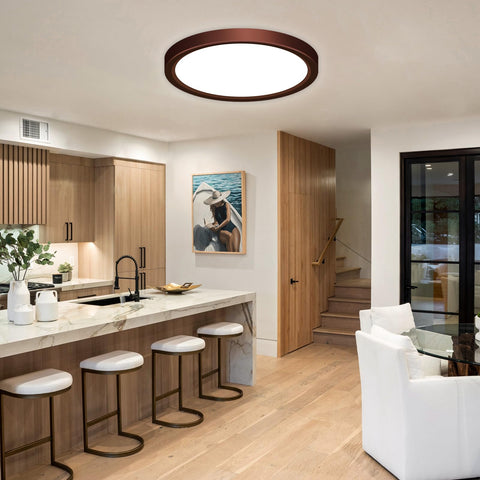 Slochi oil-bronze finish flush mount light adds warm decor and premium style.
