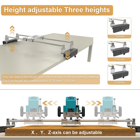 Acrylic support plate shown for router base customization and hole alignment.