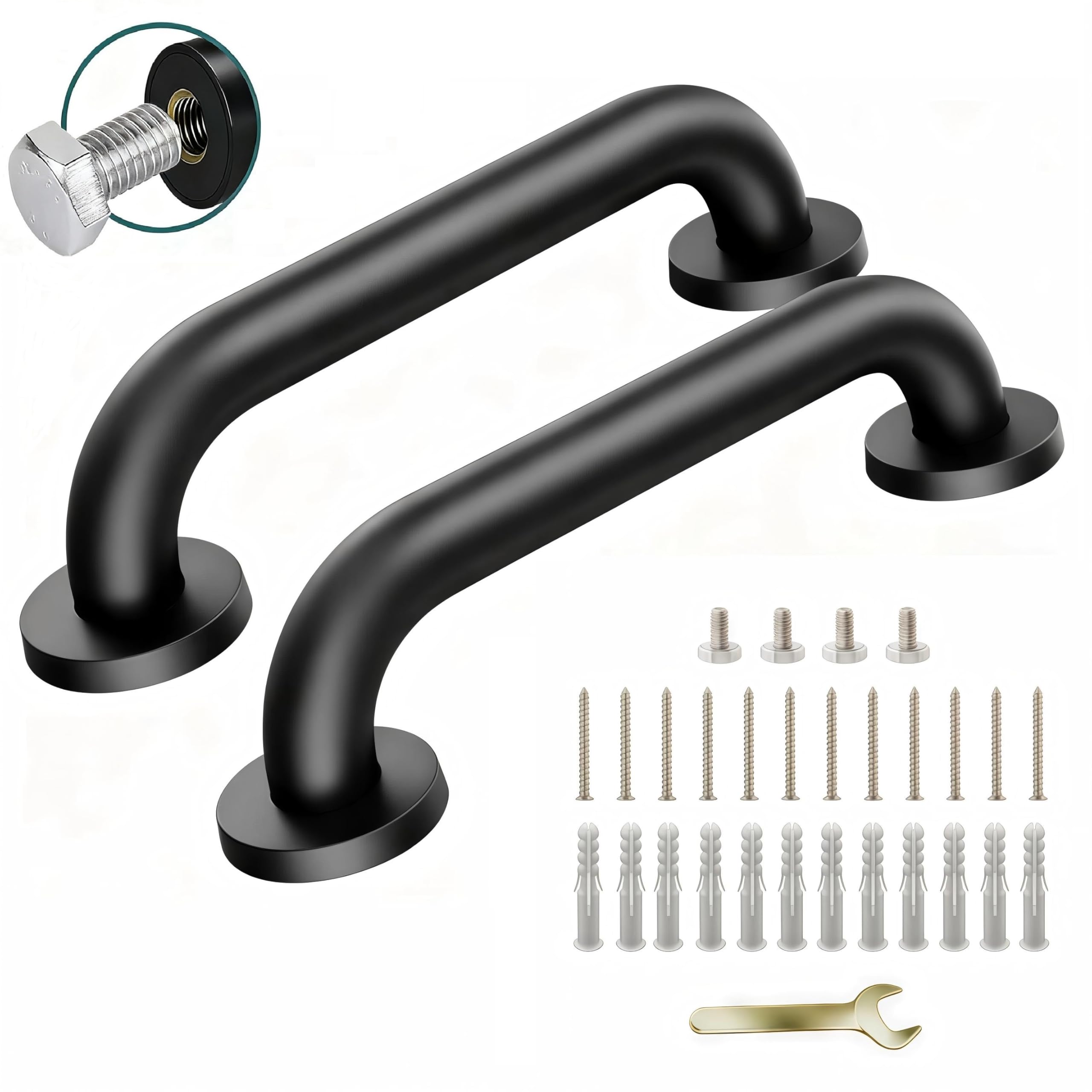 SLYLINRY 12-inch black stainless steel handrail mounted on wall for steady support.