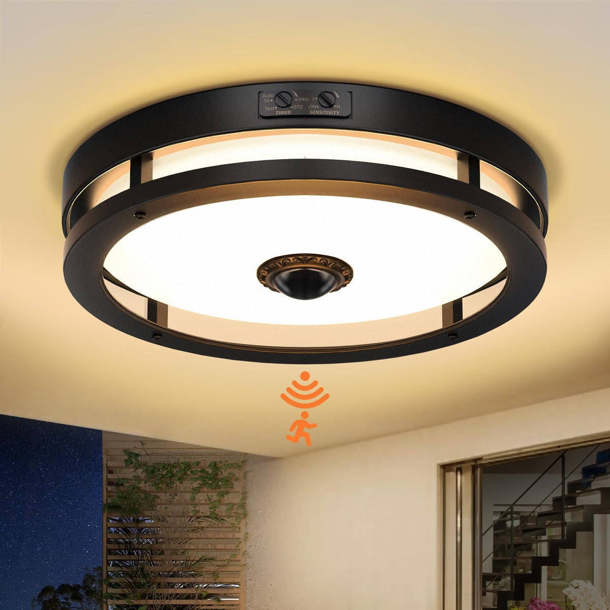 Slypadan outdoor motion sensor light, front view, enhances porch security with dusk-to-dawn efficiency.