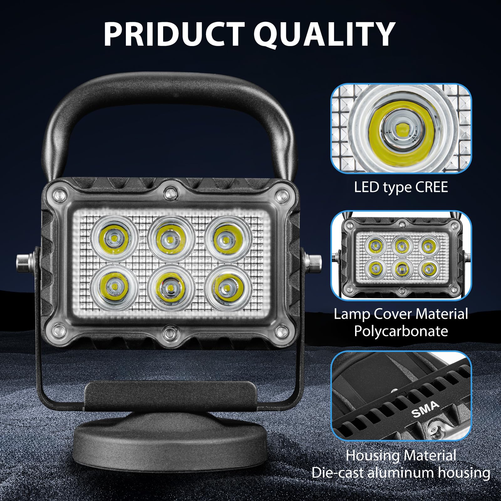 SMA work light with a strong magnetic base for hands-free use on metal surfaces