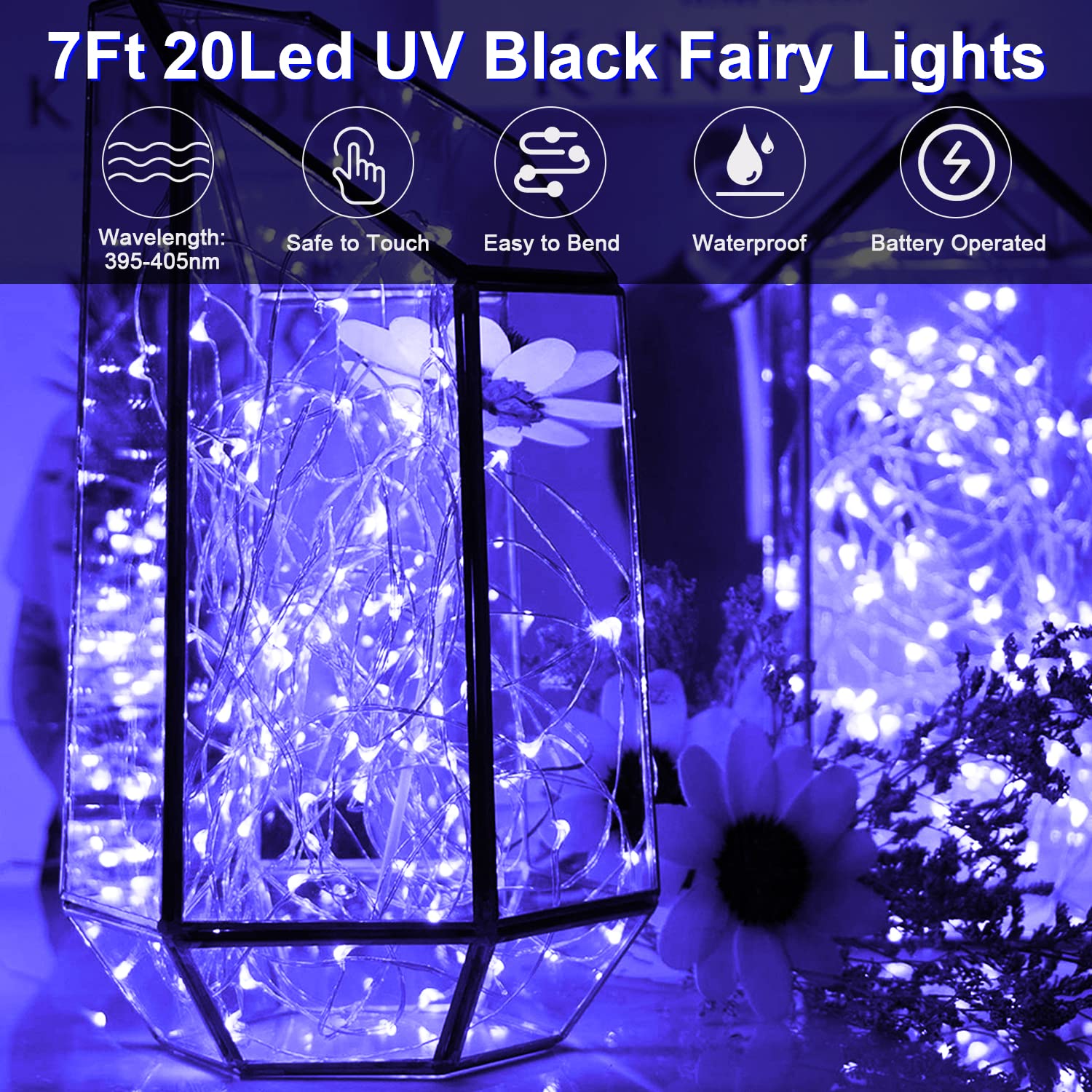 Smacen 20 LEDs ultraviolet fairy light highlights body paint and glow effects.