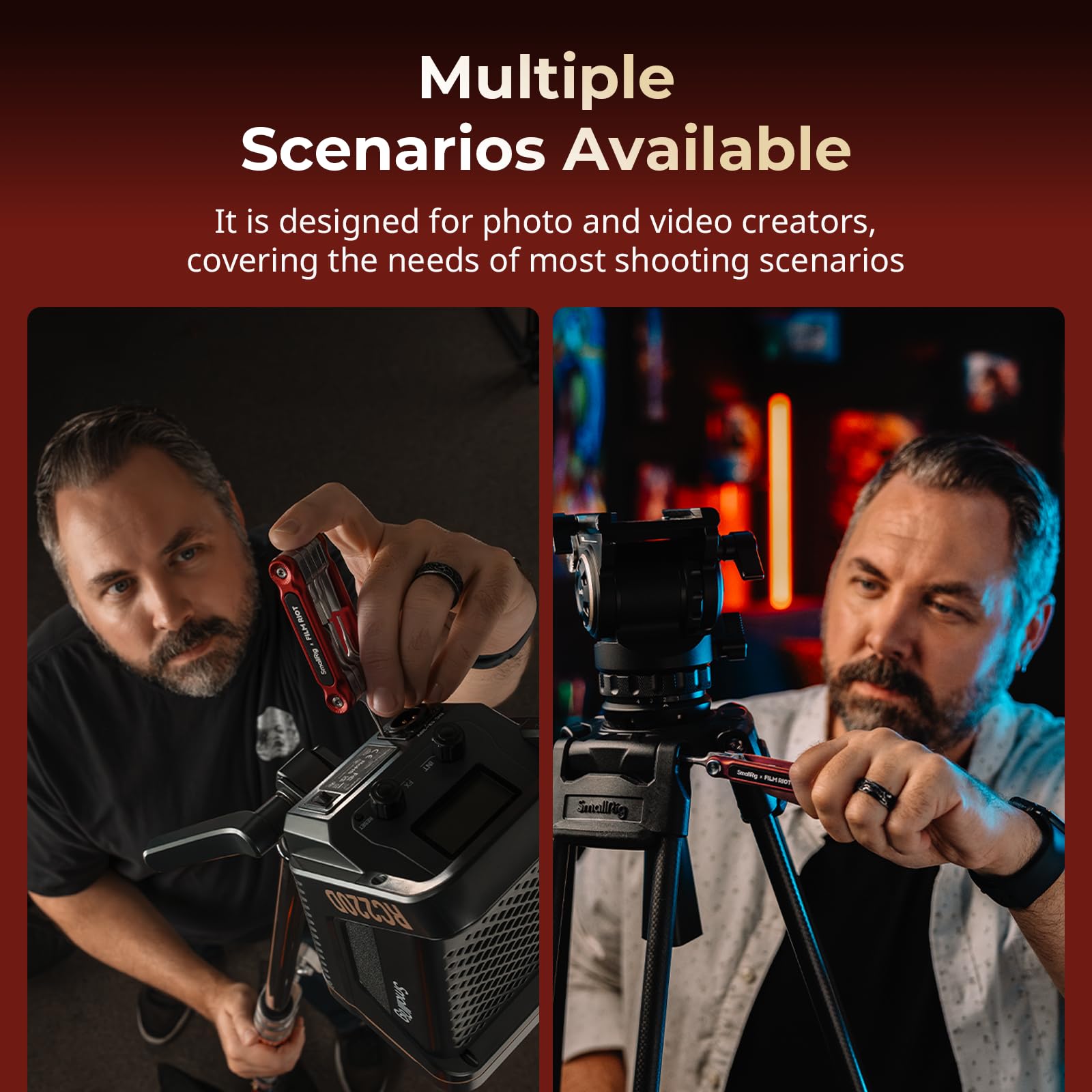 SmallRig red folding tool rests beside camera rig for quick field tweaks.
