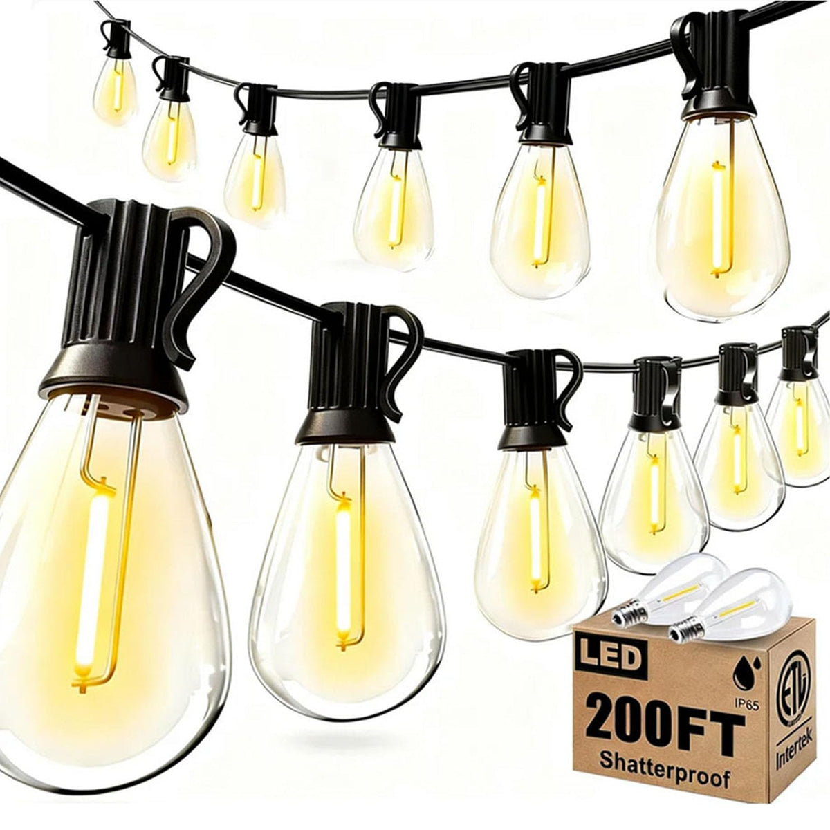 Smareal 200ft outdoor string lights close-up bulbs durable LED for long-lasting ambiance.