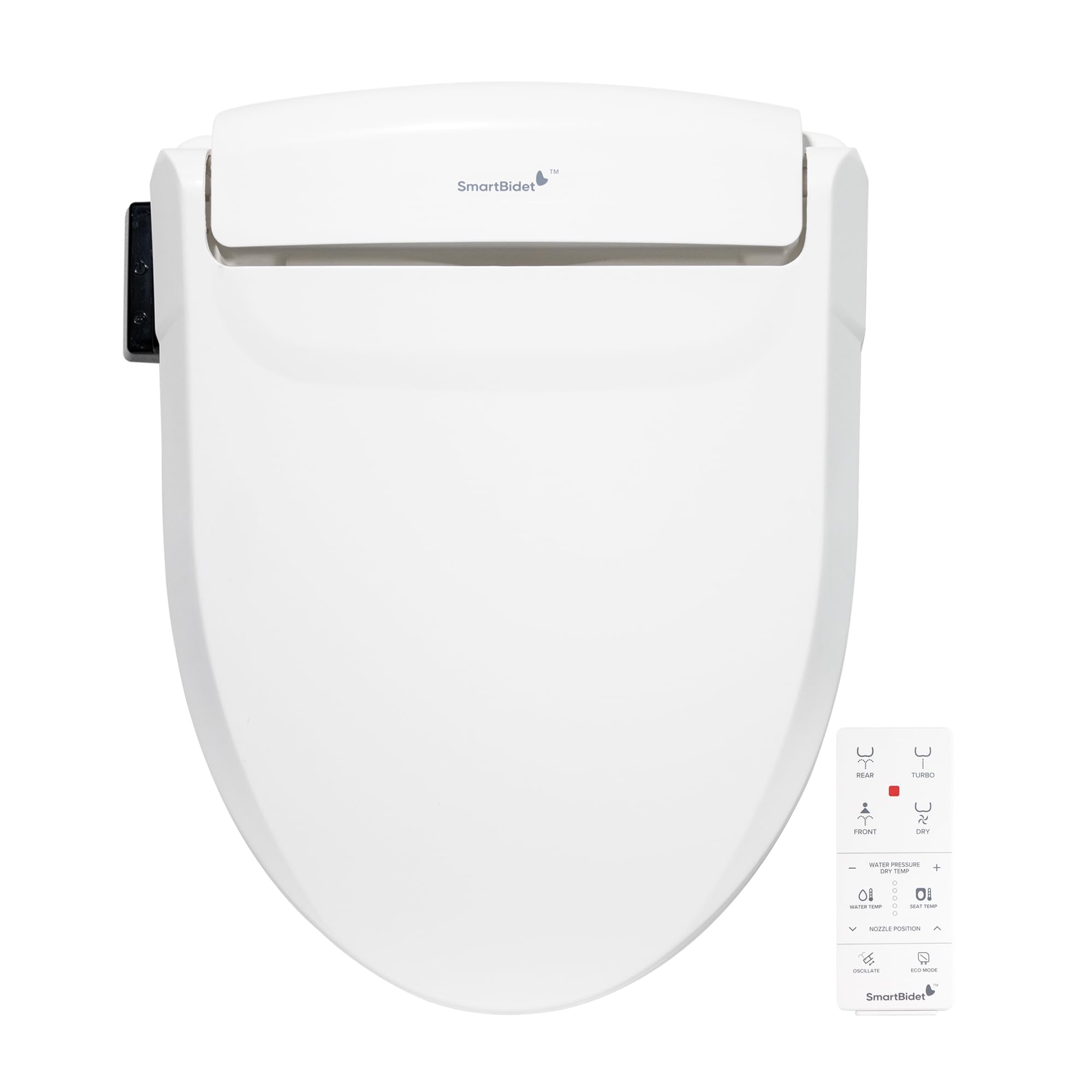 SmartBidet SB-1000WE remote control in hand, enabling easy chair-side operation.