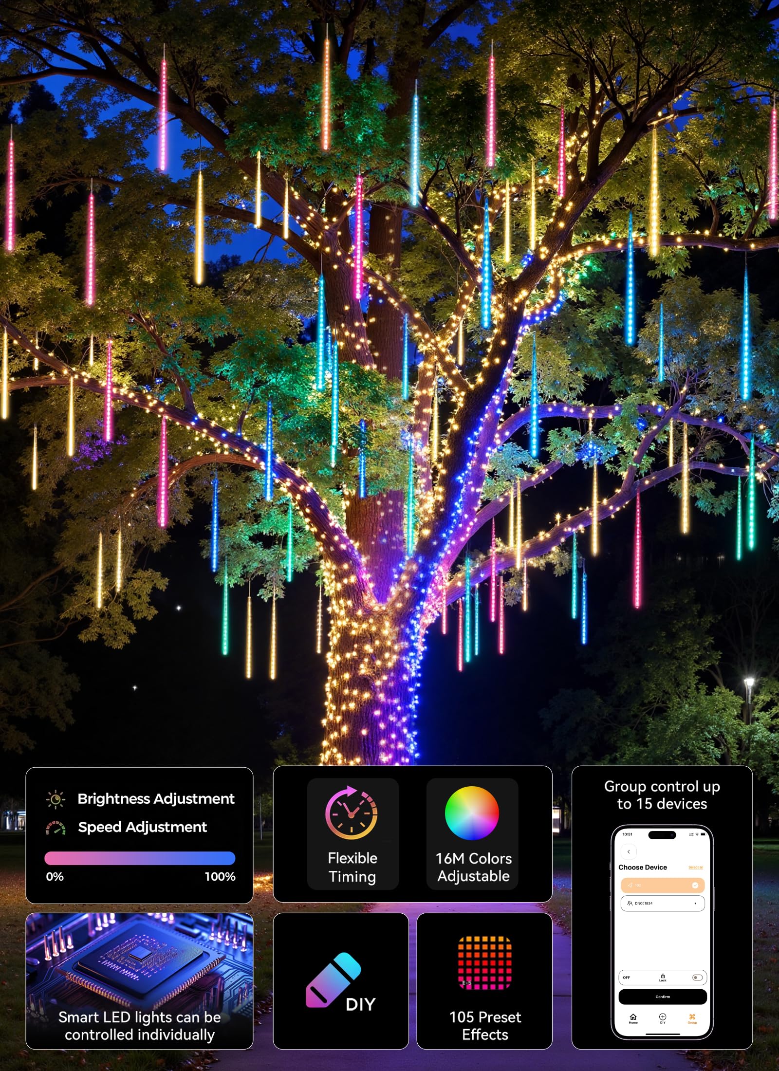 SmartDawn meteor shower lights illuminate the roofline with color-changing drama