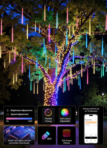SmartDawn meteor shower lights illuminate the roofline with color-changing drama
