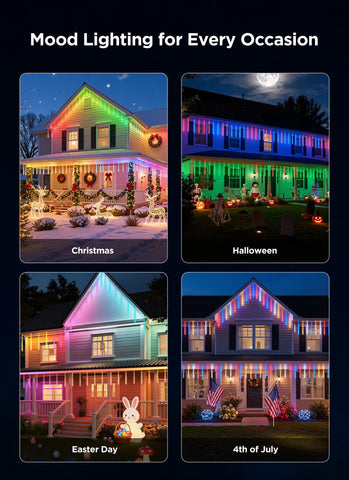 SmartDawn outdoor icicle lights decorate roof edges for holidays