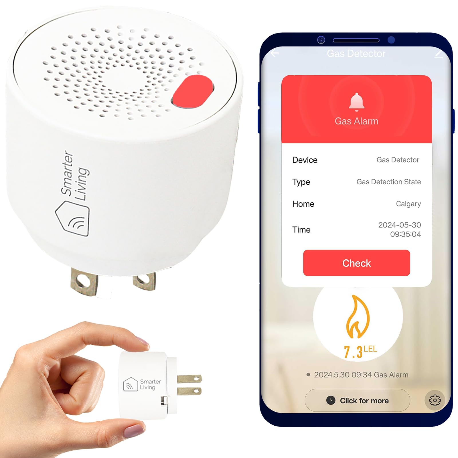Smarter Living gas detector front view with LED status light for quick safety monitoring