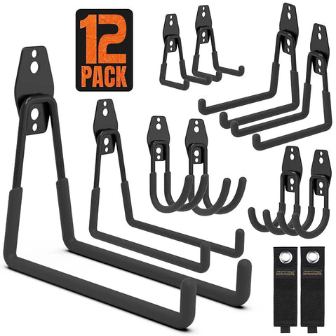 SMARTOLOGY garage hooks 12-pack mounted on wall for organized storage.