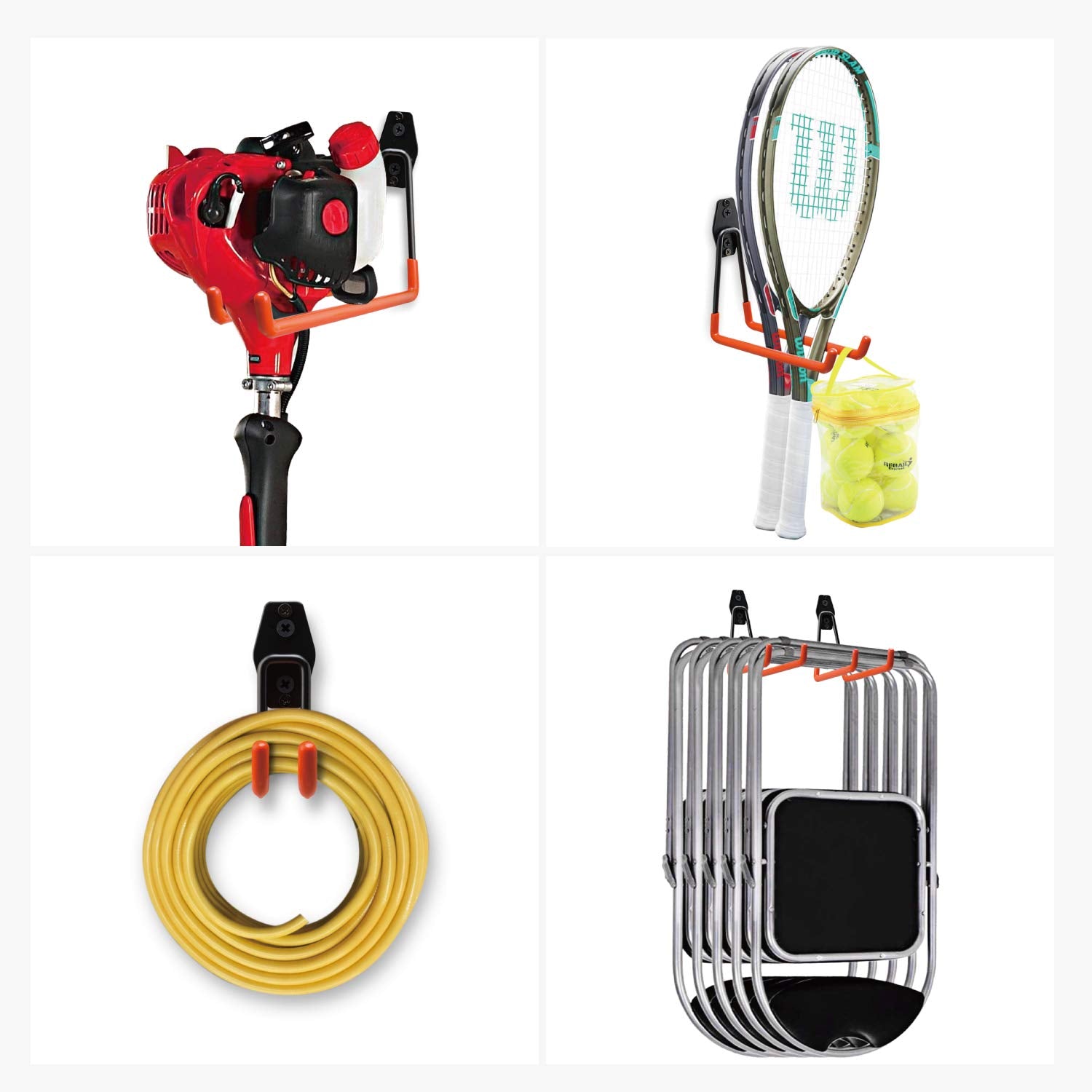 SMARTOLOGY wall-mount rack neatly holds garden tools.