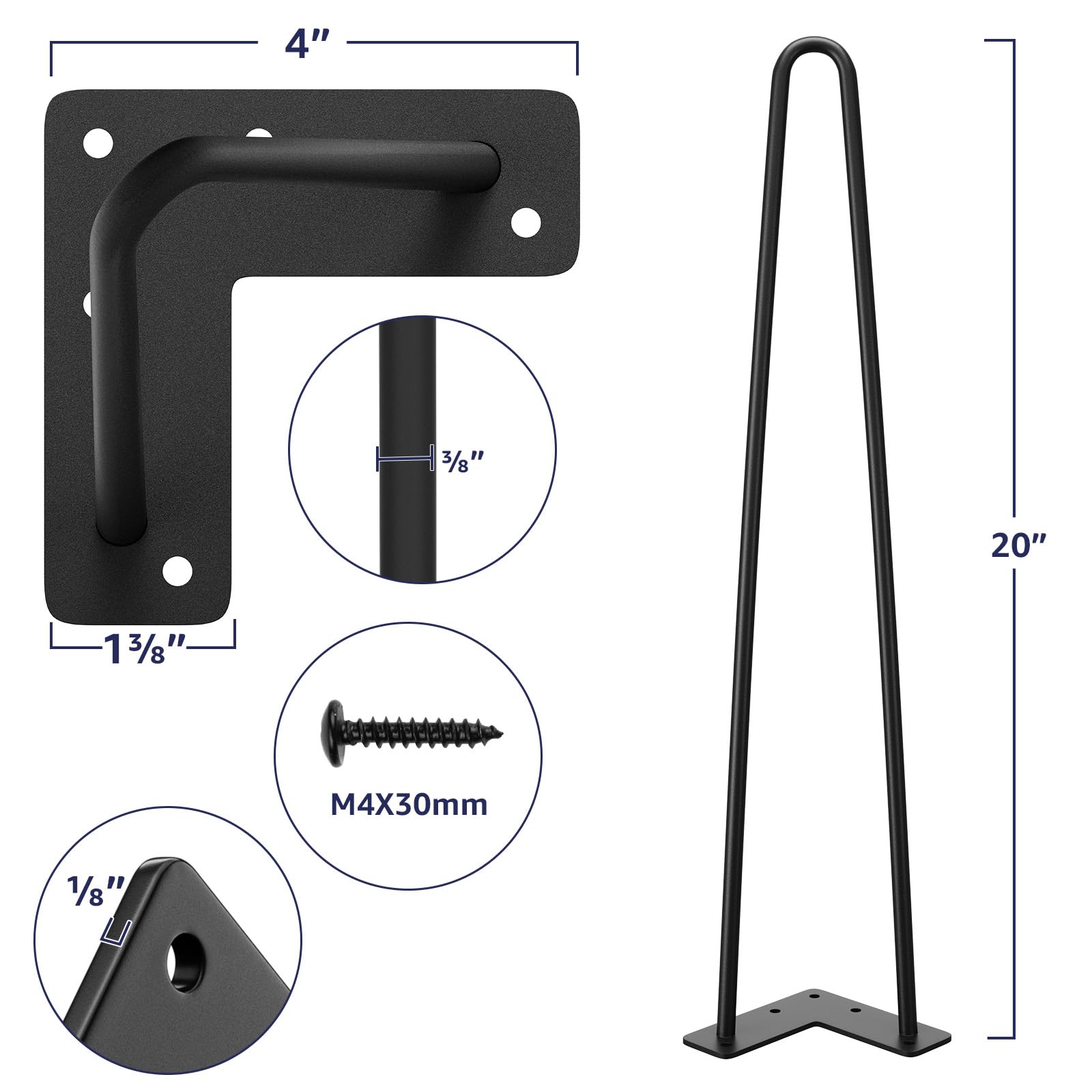 SMARTSTANDARD 20-inch hairpin legs with rubber feet protect floors and reduce wobble
