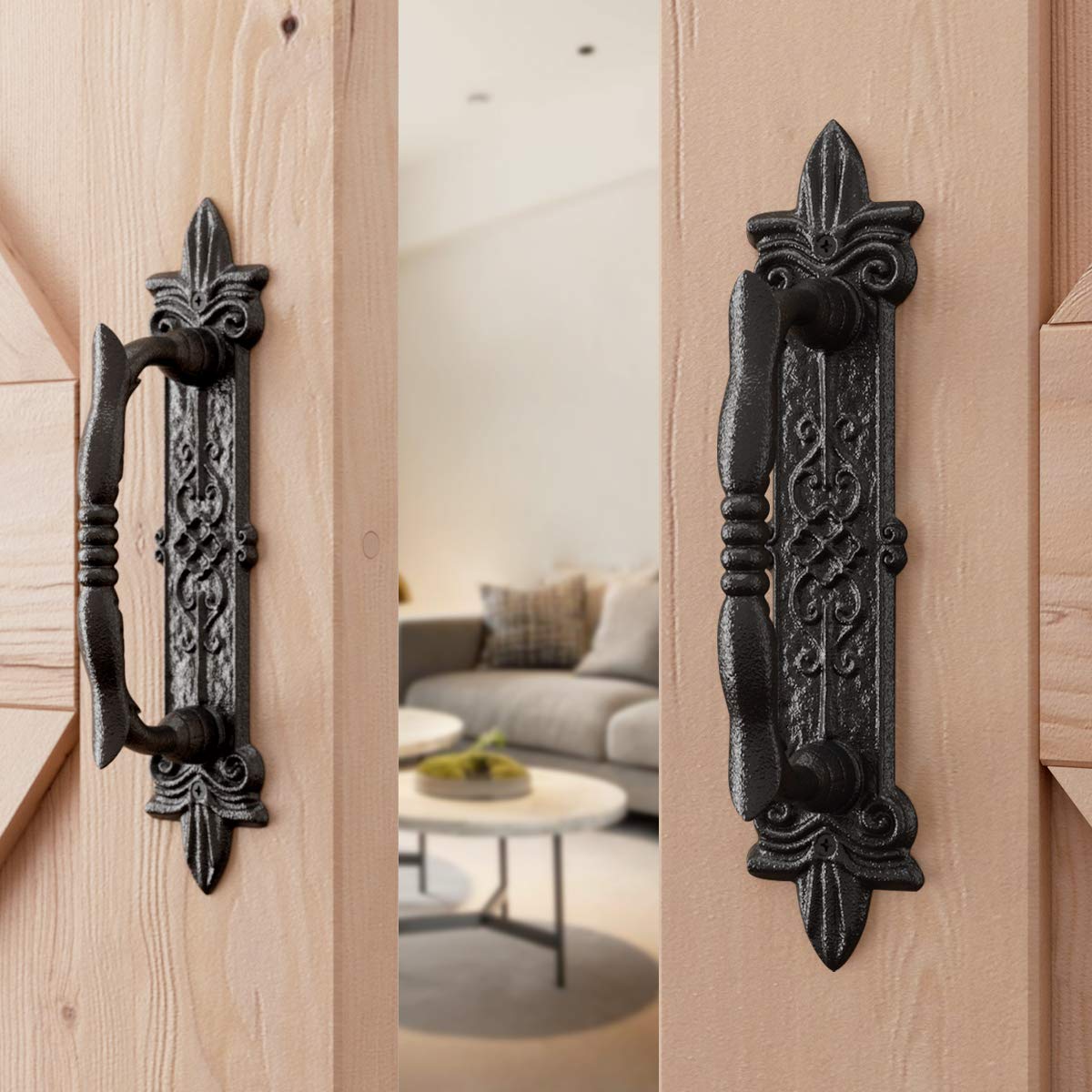 SMARTSTANDARD door handle in use on a sliding barn door.