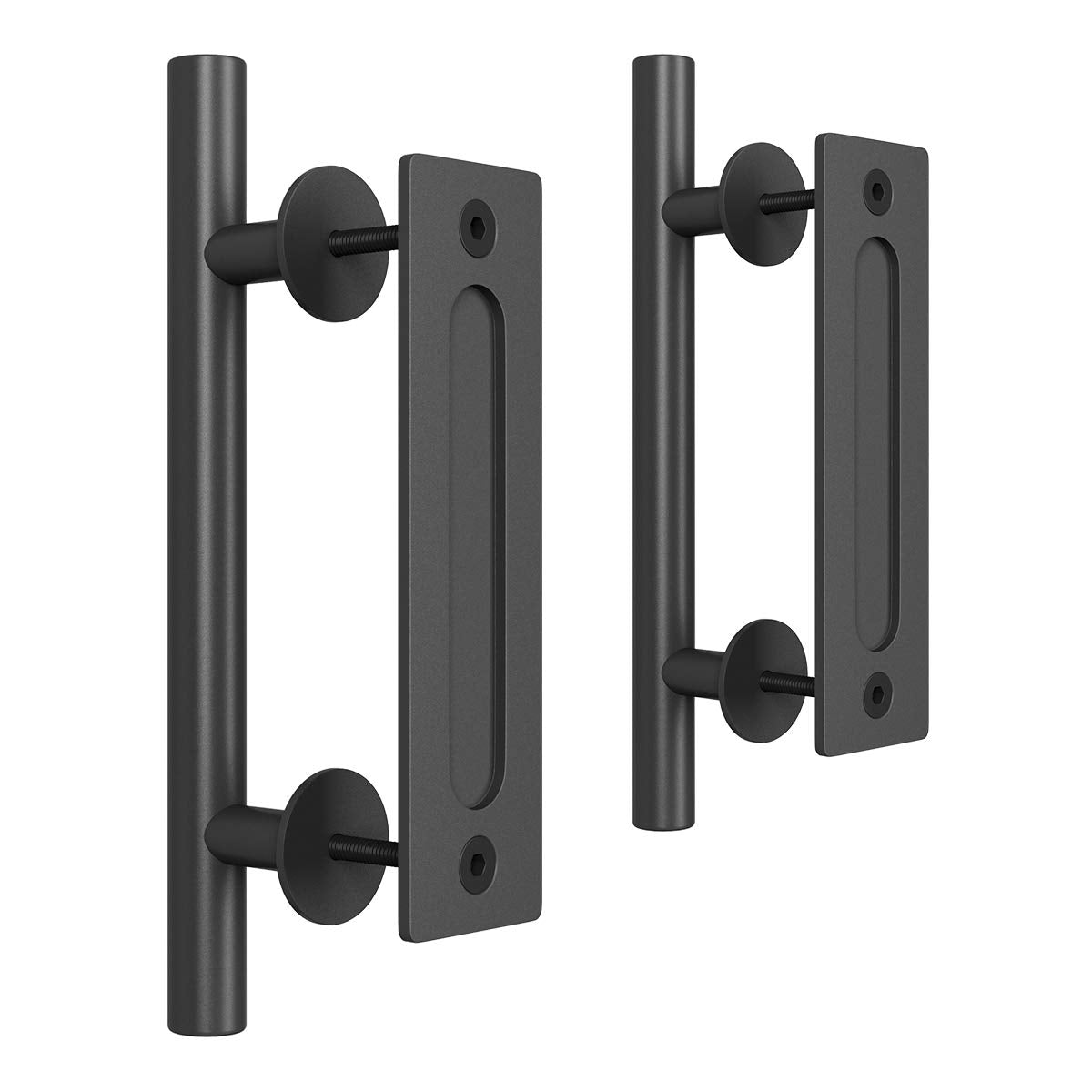 SMARTSTANDARD finger pull in black provides easy grip on rustic doors.