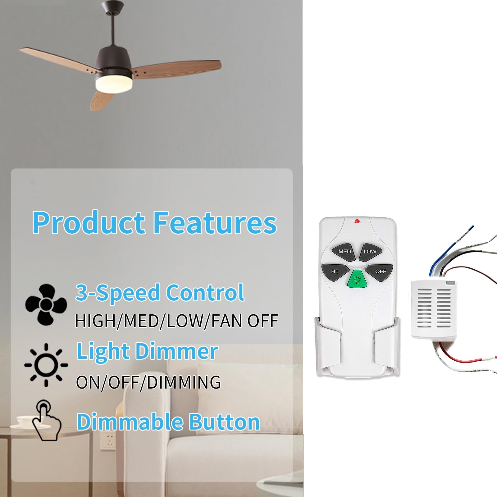 Smekitlly remote with three-speed controls for easy fan adjustment.