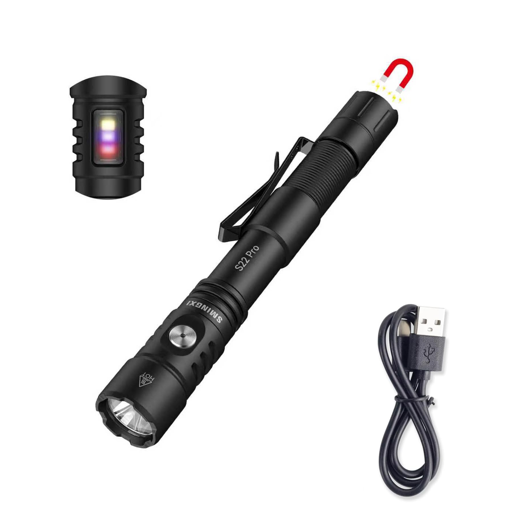 Smingxi S22Pro tactical penlight with tail magnet for hands-free car repairs.
