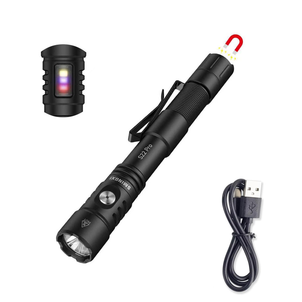 Smingxi S22Pro tactical penlight with tail magnet for hands-free car repairs.