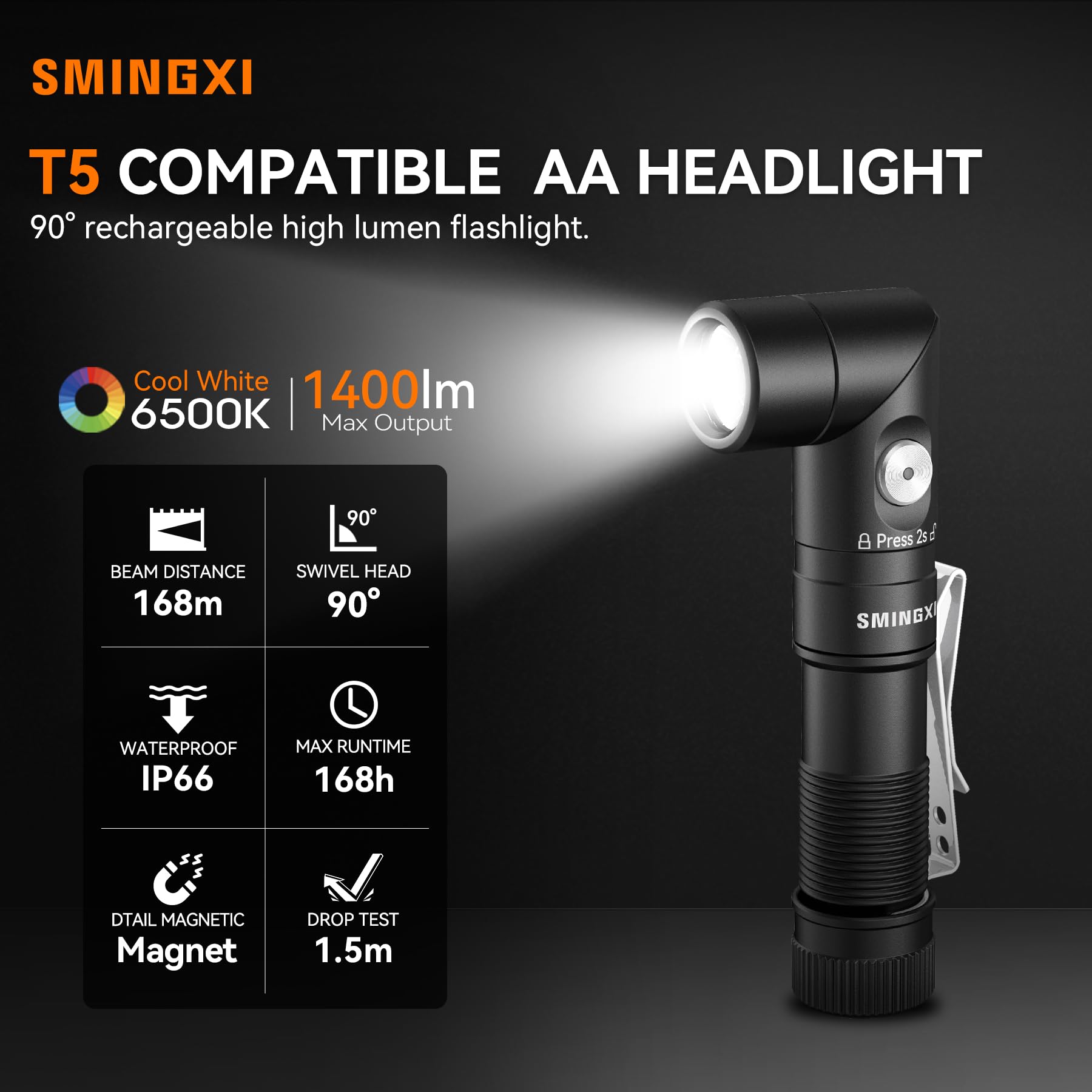 SMINGXI T5 with 90° head tilt enables angled lighting during camping.