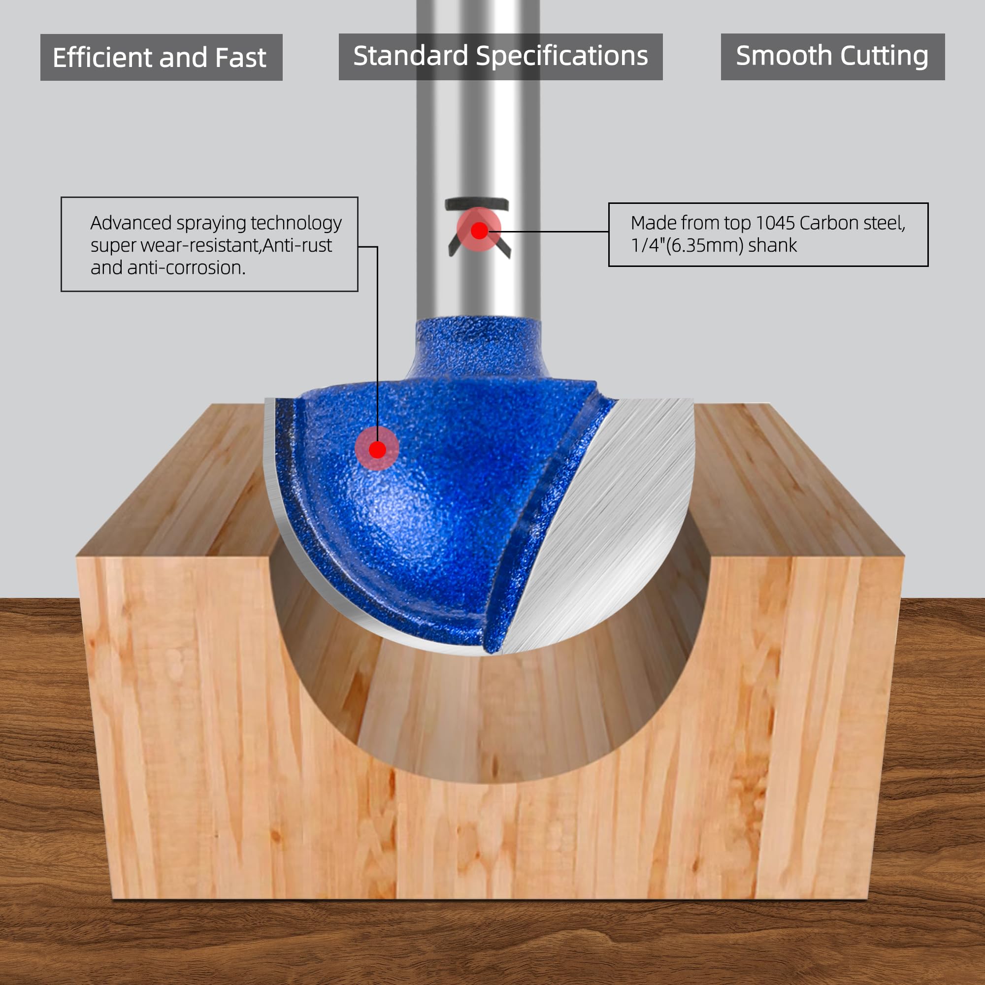 SMJXTOP round-nose router bit with 1/4 in shank and 3/8 in diameter for smooth fluting.