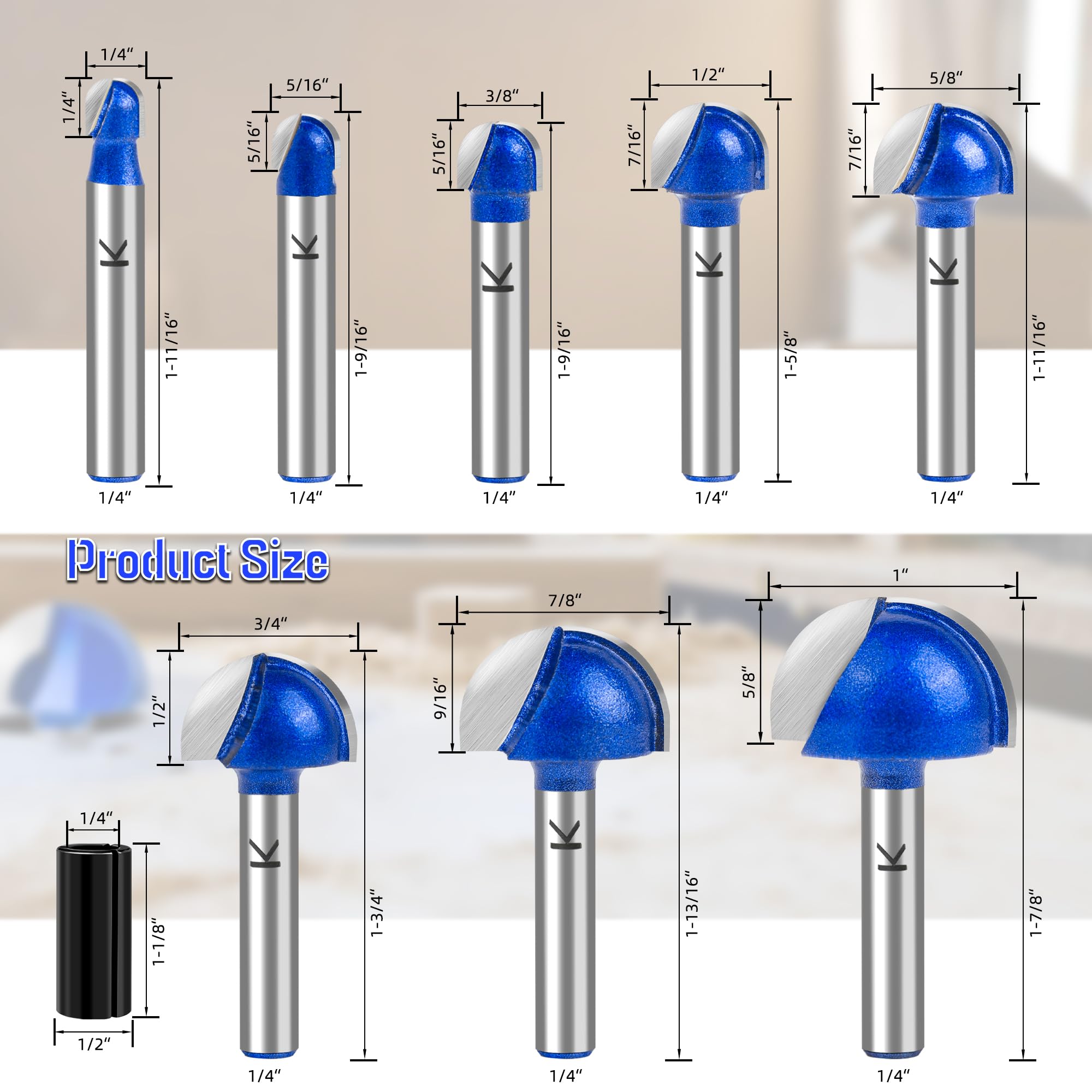SMJXTOP round-nose router bit with 1/4 in shank and 5/16 in diameter for clean profiles.