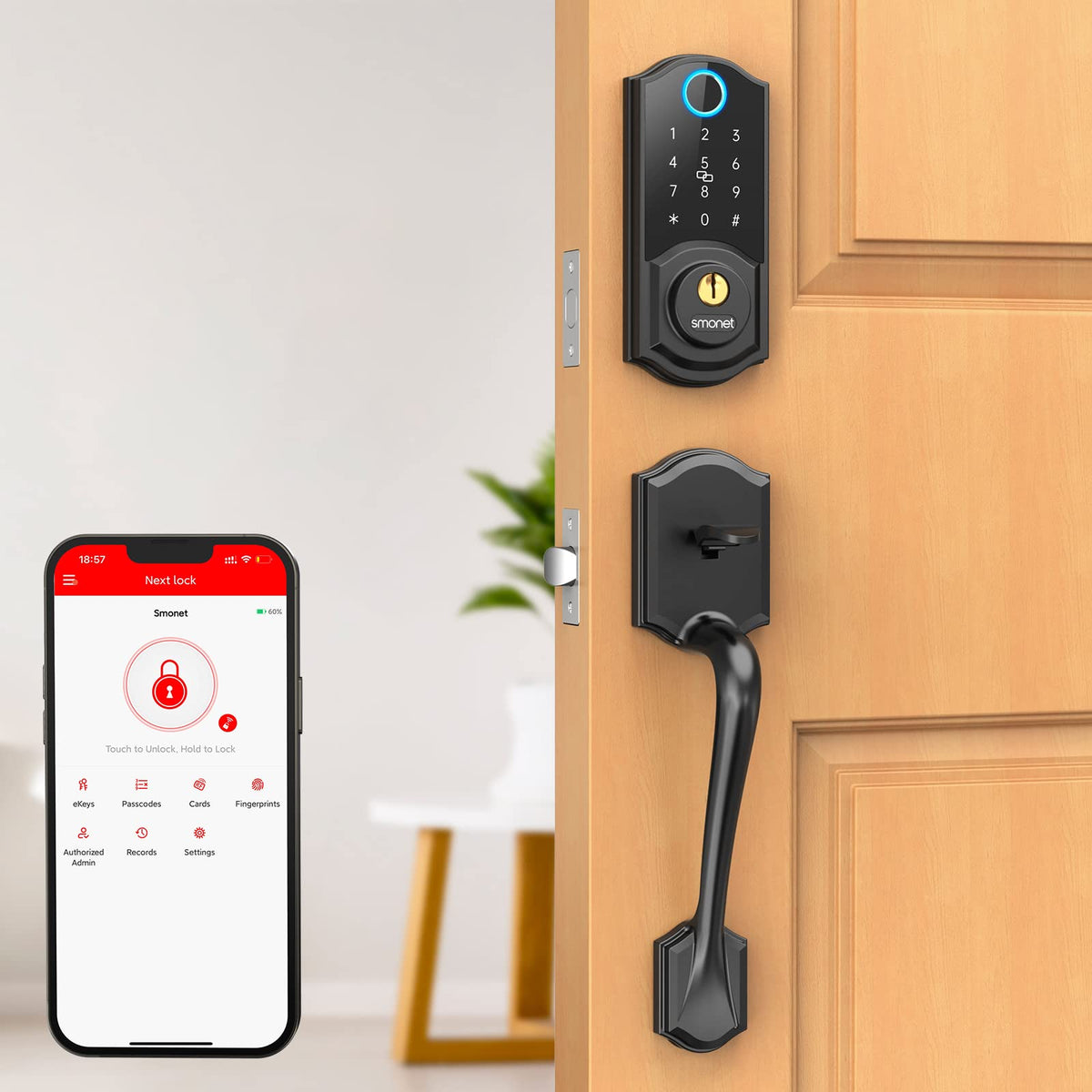 SMONET Smart Lock Front Door Bundle showing easy DIY installation and keyless entry.