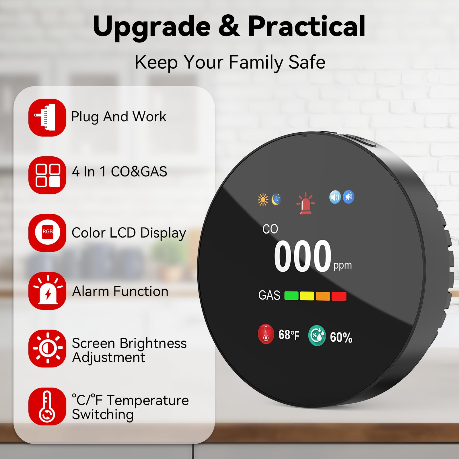 SMSRECEIVE 4-in-1 detector display showing real-time temperature and humidity.