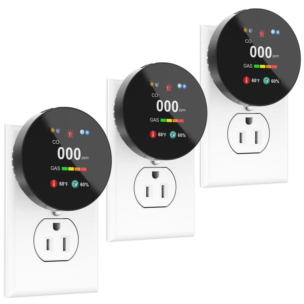 SMSRECEIVE 4-in-1 detector front view with live CO and gas readings.
