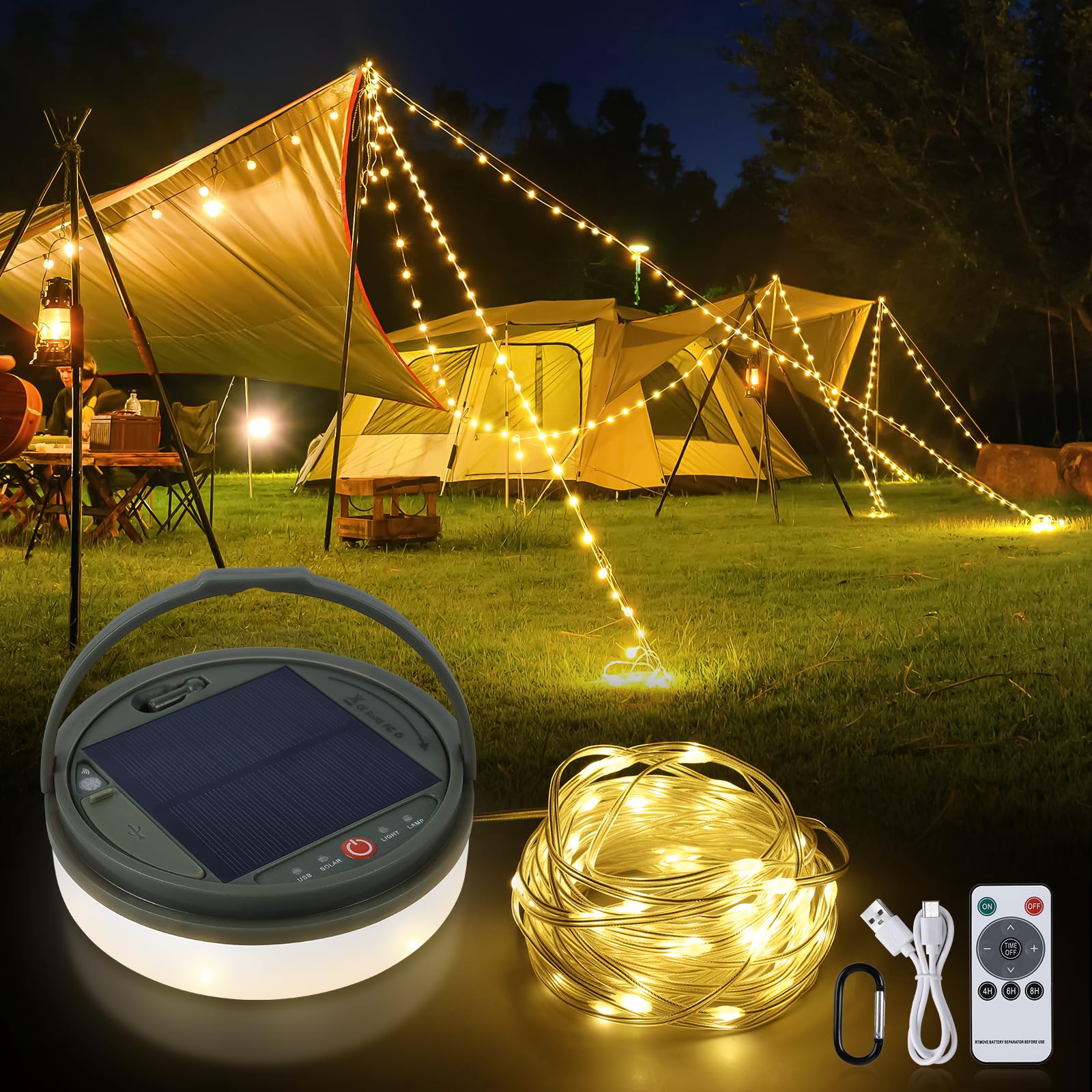 SMY Lighting 4in1 solar camping string lights with remote control for easy setup