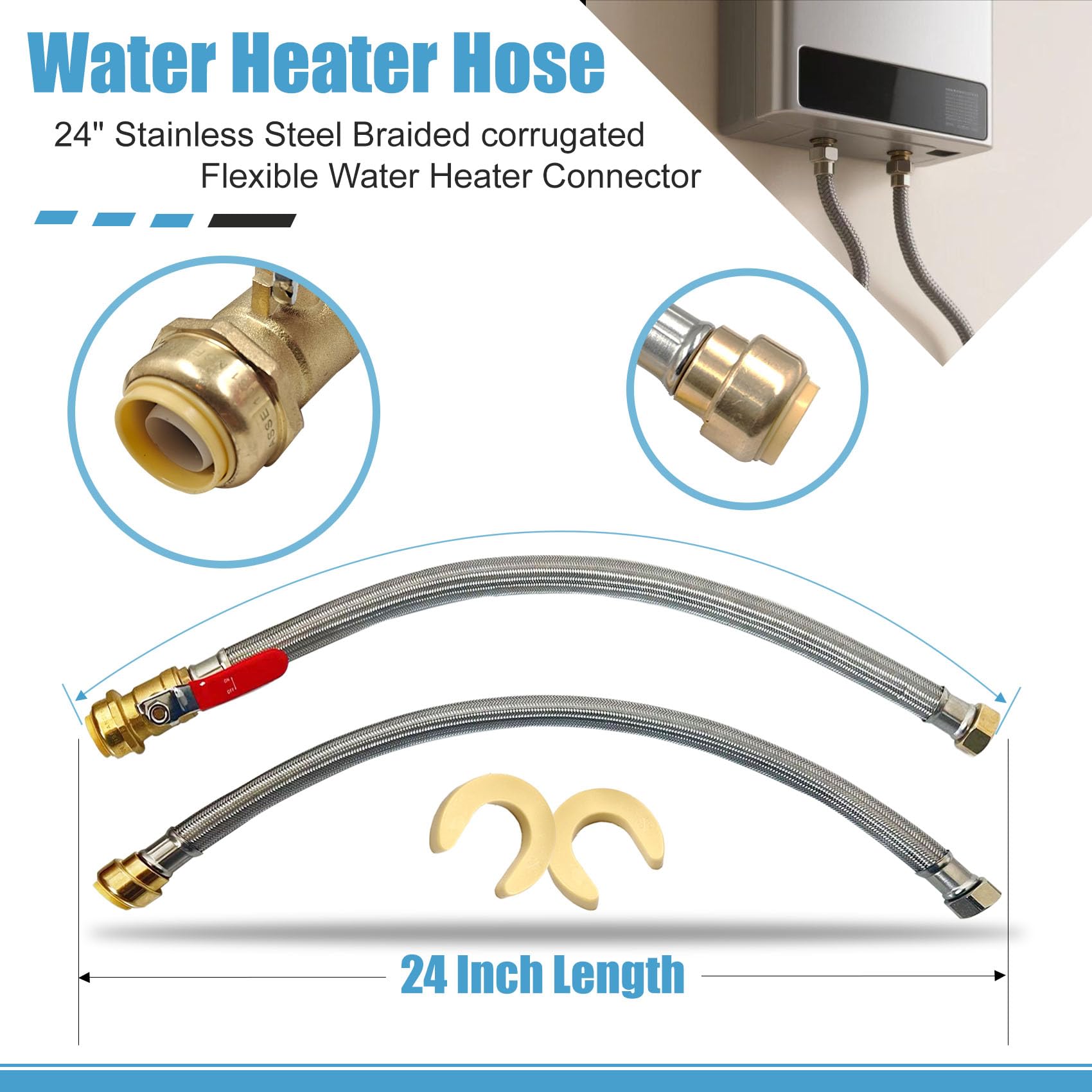 SMZTools water heater hose connector angled view shows flexible, easy installation
