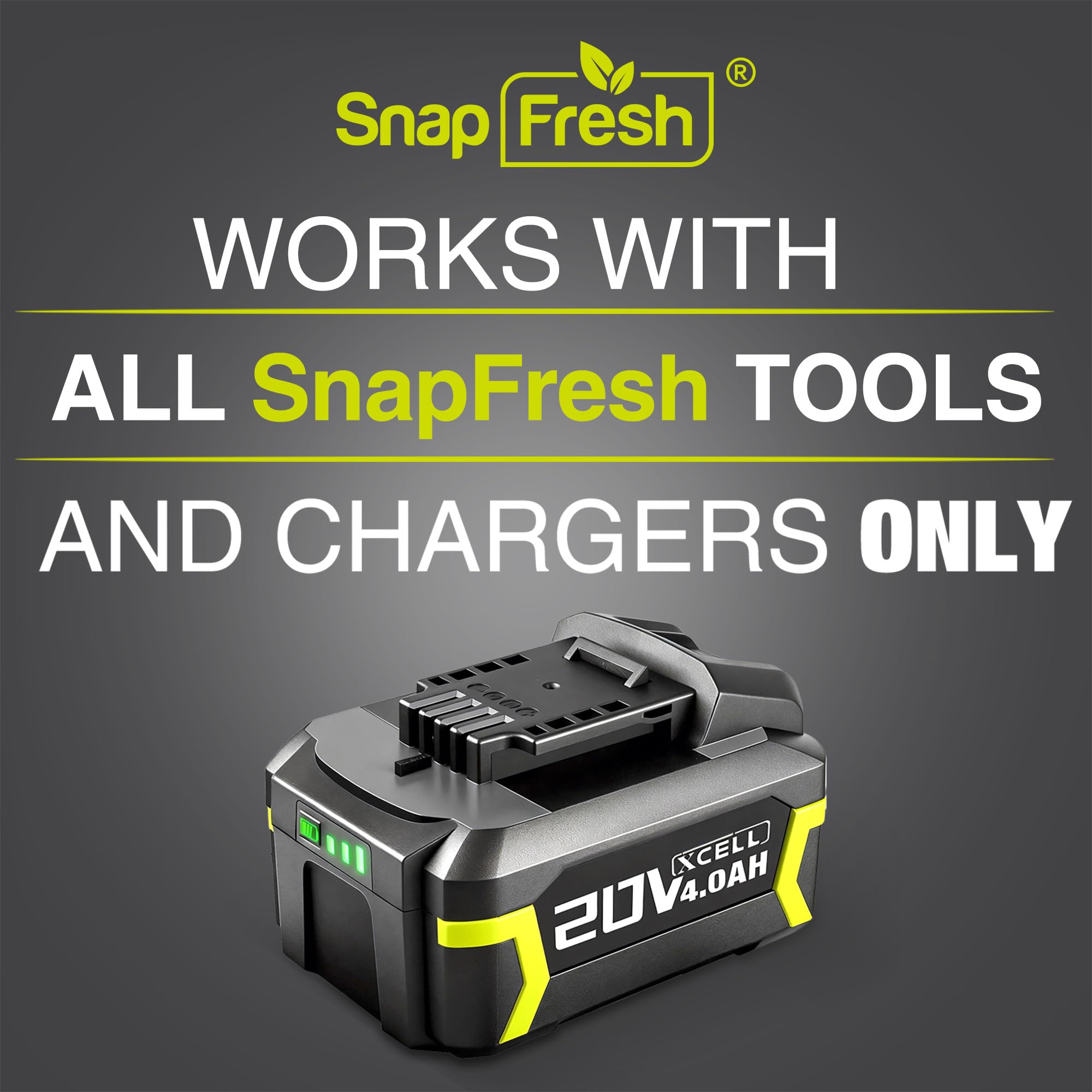 SnapFresh 20V 4.0Ah battery side with LED indicators for charge status.
