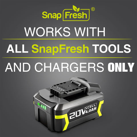 SnapFresh 20V 4.0Ah battery side with LED indicators for charge status.