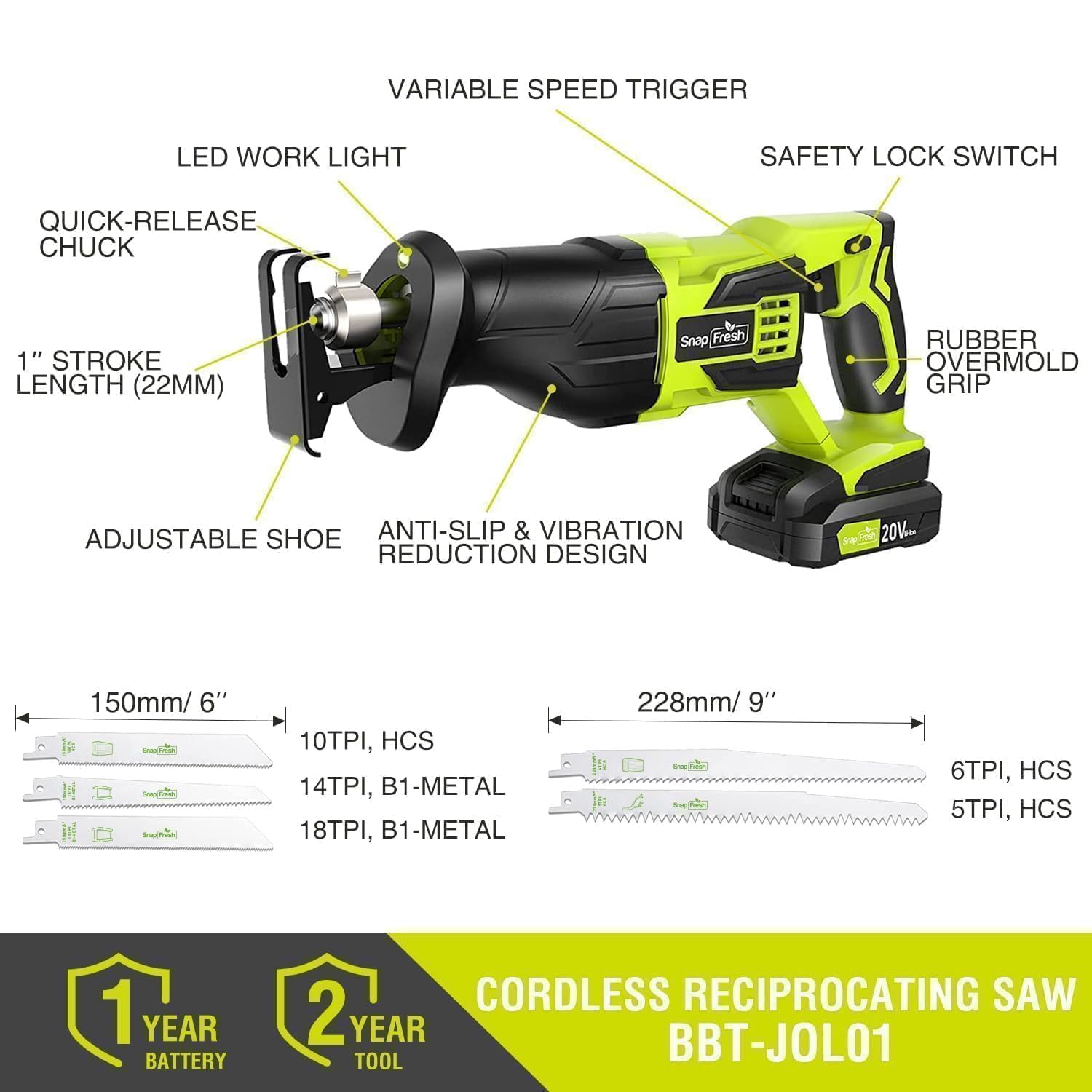 Tool-free blade change on SnapFresh 20V reciprocating saw