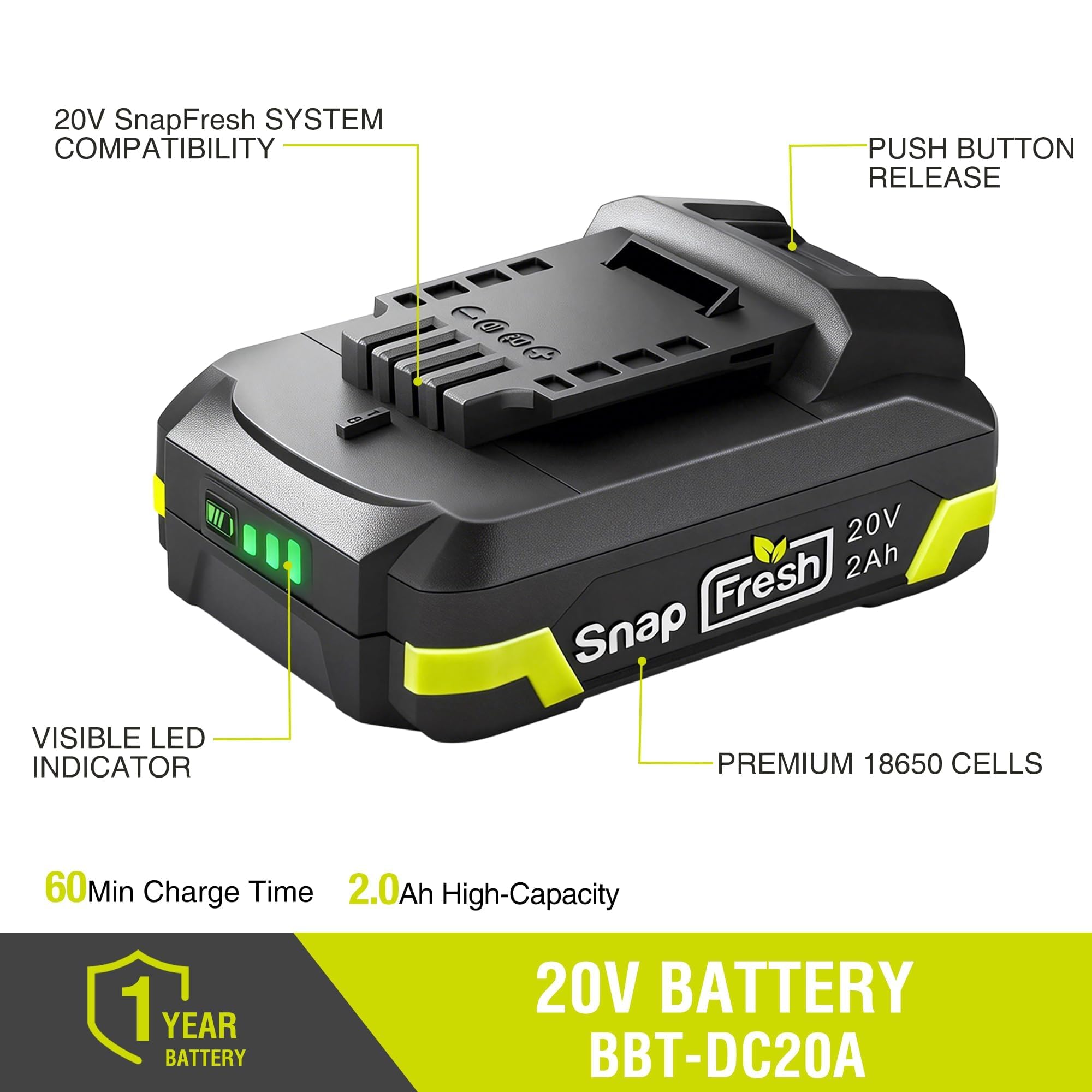 SnapFresh 3-LED fuel gauge on BBT-DC20A shows remaining charge clearly.