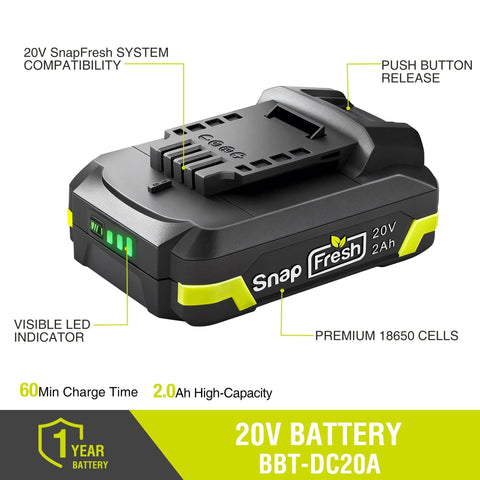SnapFresh 3-LED fuel gauge on BBT-DC20A shows remaining charge clearly.