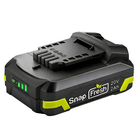 SnapFresh BBT-DC20A battery front view showing compact profile for easy tool handling.